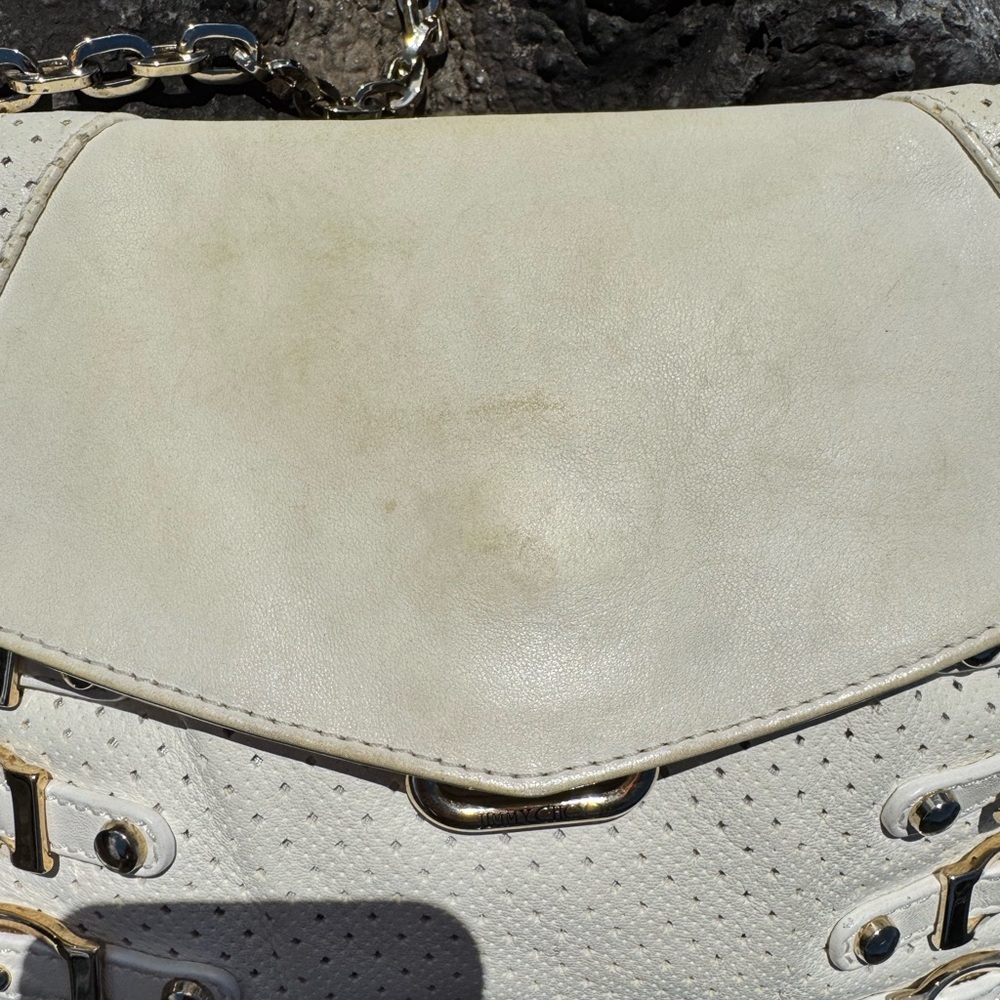 Jimmy Choo Egg Shell White Leather Perforated Shoulder Bag with Buckle Detail - Picture 11 of 17